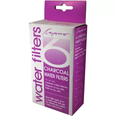 A purple and white box labeled Capresso 446/490 Charcoal Water Filter for use with Capresso coffee makers. The box shows product details and filter images on the front and side. © 2025 1st-line.com