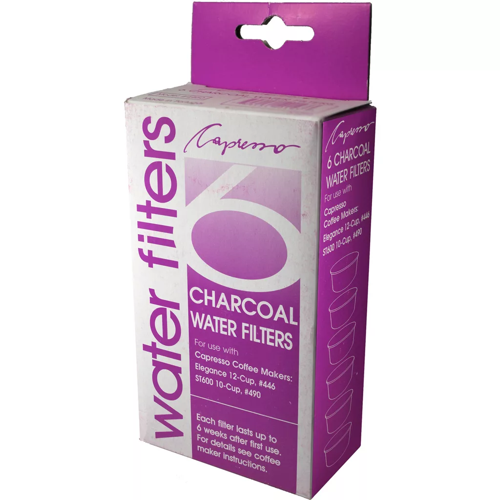 A purple and white box labeled Capresso 446/490 Charcoal Water Filter for use with Capresso coffee makers. The box shows product details and filter images on the front and side. © 2025 1st-line.com