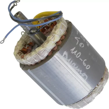 A Quamar Motor - T48 cylindrical electric motor rotor with copper windings, white insulation, two blue wires, and handwritten markings on its metal surface. © 2025 1st-line.com