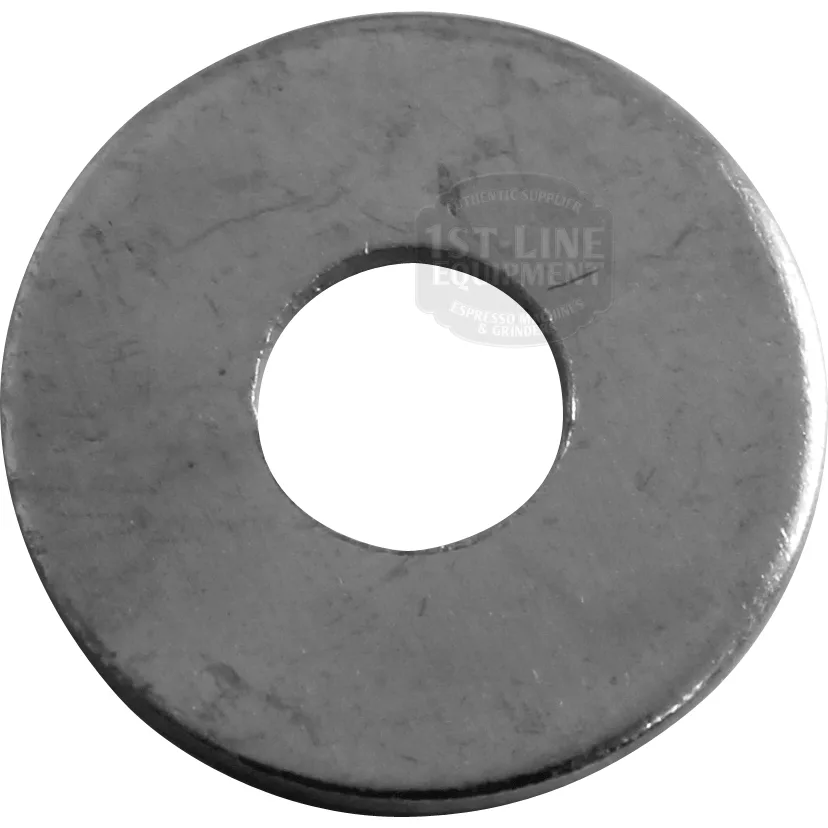A Rancilio 00001908 Plane Washer for Pump Support Bracket (5.3 x 15 x 1.2), metallic with a large central hole, viewed from above on a white background. © 2025 1st-line.com
