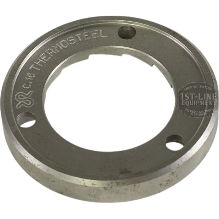 A Rancilio 69000306 64mm Single Flat Grinding Burr, metal and circular with three evenly spaced holes along the edge, functions as a Rancilio machine component—similar in form to a flat gasket. © 2025 1st-line.com