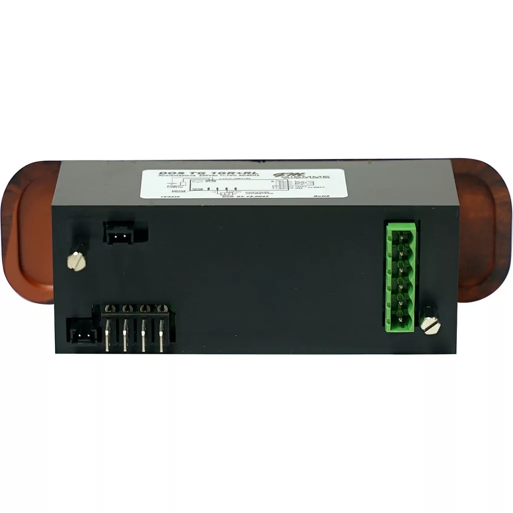 A rectangular black Elektra 01955034 Brierwood Control Box, 230V, features connector ports, labeled pins, terminals including a green terminal block, and a top label with specs; shown from the connector side. © 2025 1st-line.com
