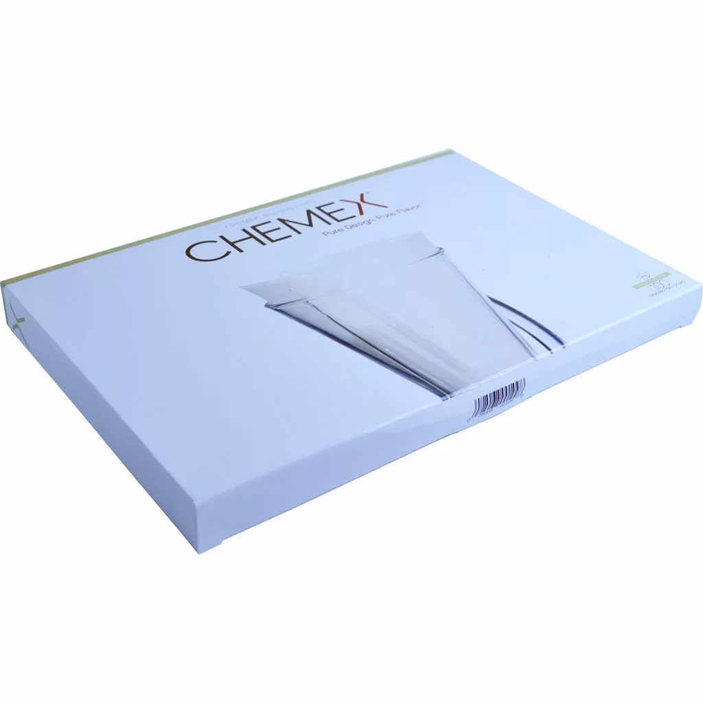 A rectangular box of Chemex FP-2 13 Unfolded Half Moon Bonded Coffee Filters (100 count), designed for 3 cup models only, with the Chemex logo and filter image on a mostly white box with gold and brown accents. © 2025 1st-line.com