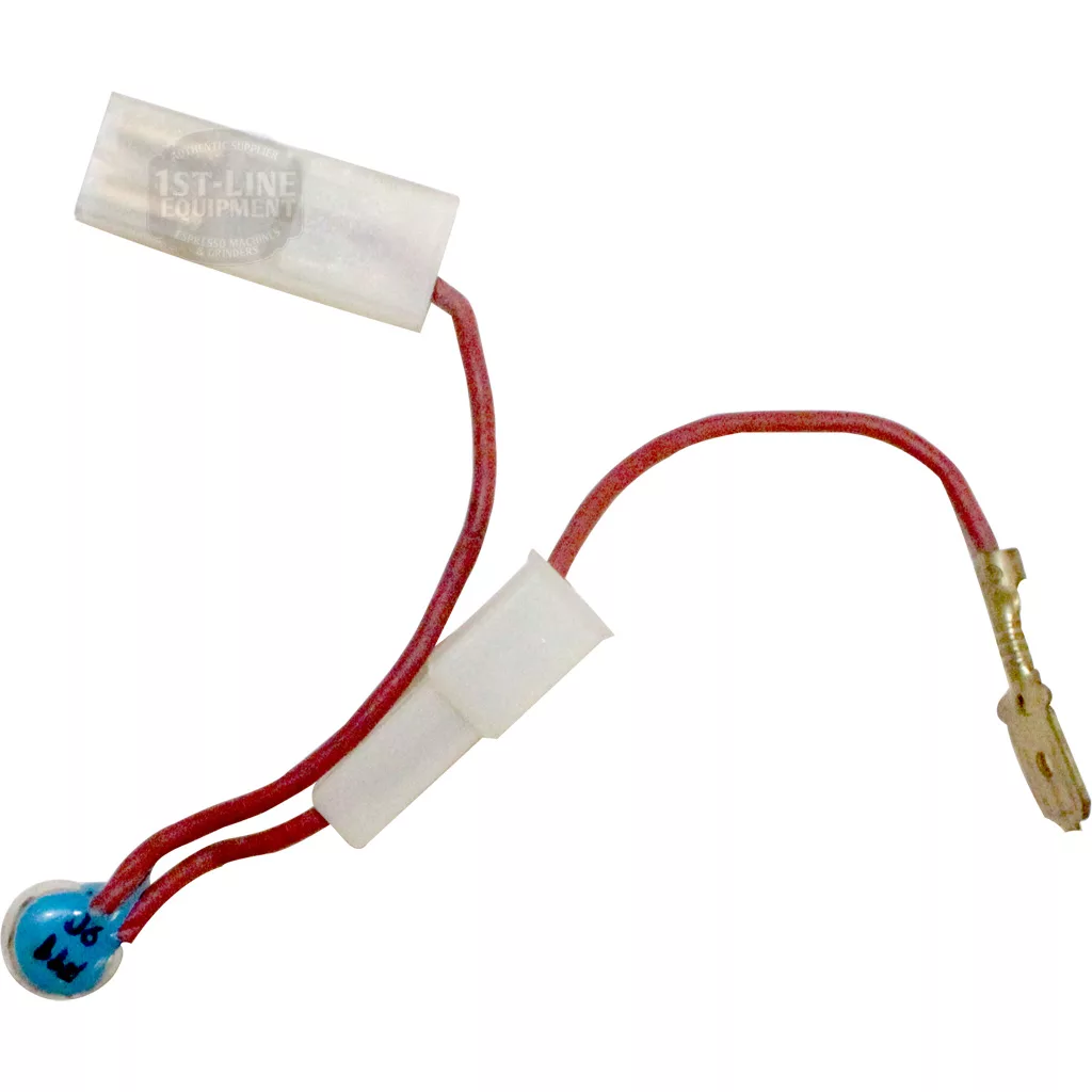 A red electrical wire with a Nemox NEM300031 Safety Thermistor, white plastic connectors, and a metal terminal, used for electrical or electronic connections. © 2025 1st-line.com