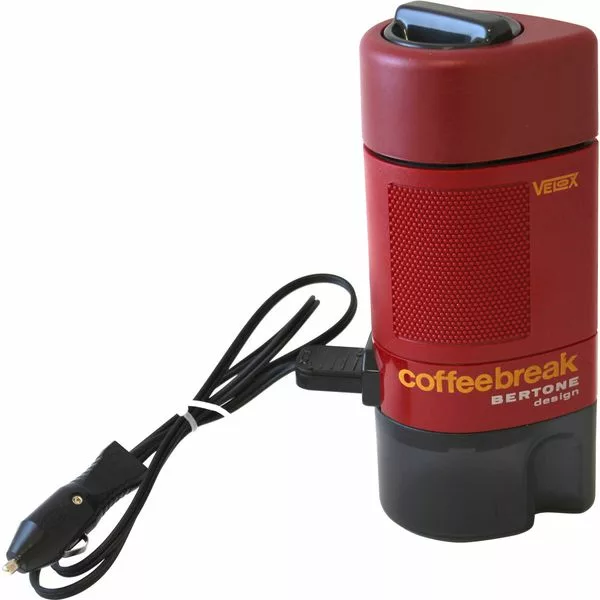 A red SIDEWALK SALE - Velox Coffee Break Coffee Maker D909 with a black base and car cigarette lighter plug—ideal for road trips or your next great sidewalk sale discovery. © 2025 1st-line.com