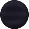 A round, black, flat object resembling the DISCONTINUED Able Brewing Travel Cap for Aeropress, with evenly spaced horizontal ridges across its surface, viewed from above against a white background. © 2025 1st-line.com