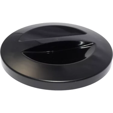 A round black plastic lid with two curved openings, like the Fiorenzato A3200028 Grinder Hopper Lid, designed for easy waste disposal or access on bins and containers. © 2025 1st-line.com
