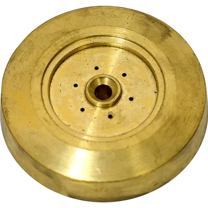 A round, brass-colored metal disk with a central hole and multiple smaller holes aligns perfectly as the Fiorenzato A2200234 Ring Group Pod Adapter - Accademia, featuring a shiny grooved surface for an accurate fit. © 2025 1st-line.com