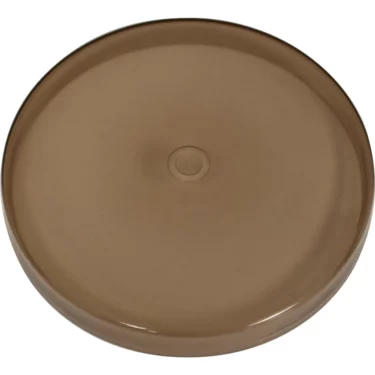 A round, flat, brown plastic tray with a raised edge and a central indentation, similar to the Lelit MC327A Cover Lid for Smaller Bean Hopper - Brown Tint. © 2025 1st-line.com