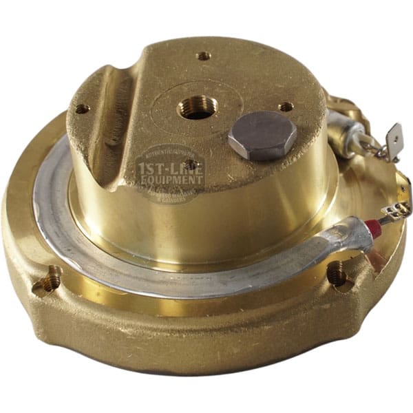 A round, gold-colored metal component with wiring and a hex bolt, likely the Ascaso I.365N 110V Brass Boiler / Heating Element - 2 hole, used in machines or appliances. © 2025 1st-line.com