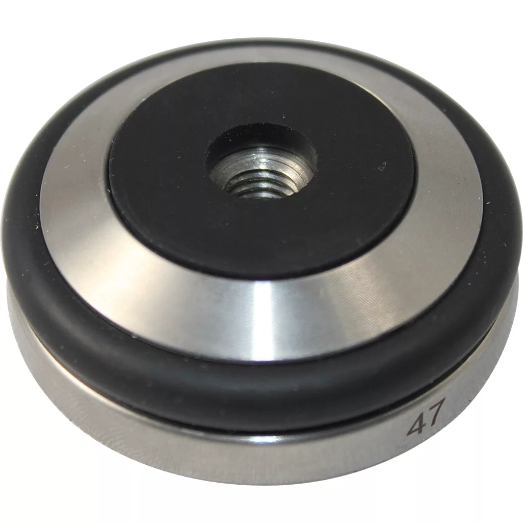 A round metal and black rubber vibration isolation mount with a central threaded hole, marked 47 on the edge, resembling the finish of a Joe Frex/Concept Art 47mm Tamper Base w/ Knock Ring in stainless steel. © 2025 1st-line.com