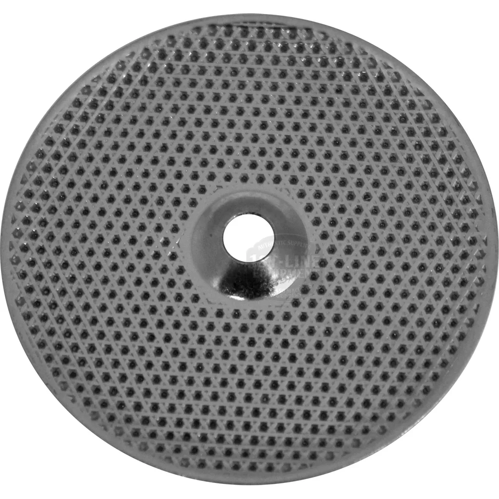 A round metal disk with a central hole and grid of raised dots, likely a discontinued Lelit MC752-4 Grouphead Dispersion Screen, covers its surface. © 2025 1st-line.com