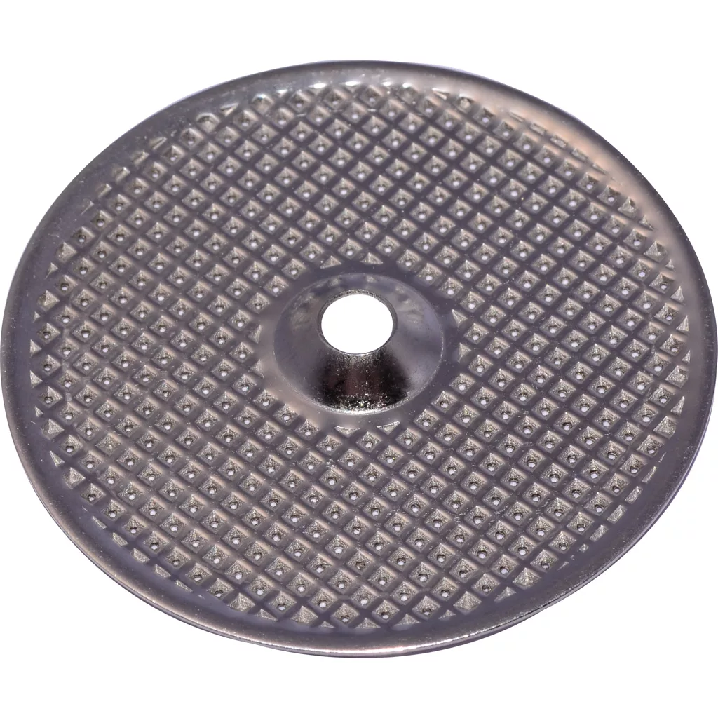 A round, metallic disc with a central hole and a raised grid of pyramid-shaped bumps, similar to the DISCONTINUED - Pasquini T-2-83 Shower/Dispersion Screen - Livietta. © 2025 1st-line.com