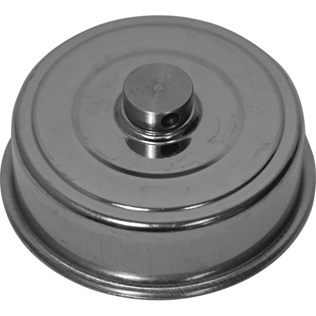 A round metallic object with a raised center and small hole, resembling the Ascaso I..702 1-Cup 57mm Pressurized Filter Basket, viewed from above. © 2025 1st-line.com