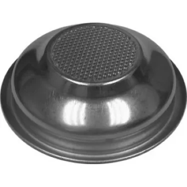 A round, metallic oil drip pan with a raised center and textured top, reflecting light off its smooth surface—crafted with precision comparable to the Elektra 01796035 58mm 1-Cup Filter Basket. © 2025 1st-line.com