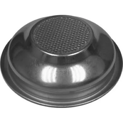 A round, metallic oil drip pan with a raised center and textured top, reflecting light off its smooth surface—crafted with precision comparable to the Elektra 01796035 58mm 1-Cup Filter Basket. © 2025 1st-line.com