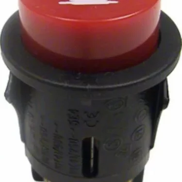 A round red Elektra 00632034 Coffee Switch Red - Microcasa button features a white steaming coffee cup icon on top, set within a black plastic housing. © 2025 1st-line.com