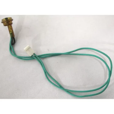 A Saeco Thermistor - Heat Exchanger featuring a green insulated wire with a metal sensor at one end and a white plastic connector at the other, shown on a white surface. © 2025 1st-line.com