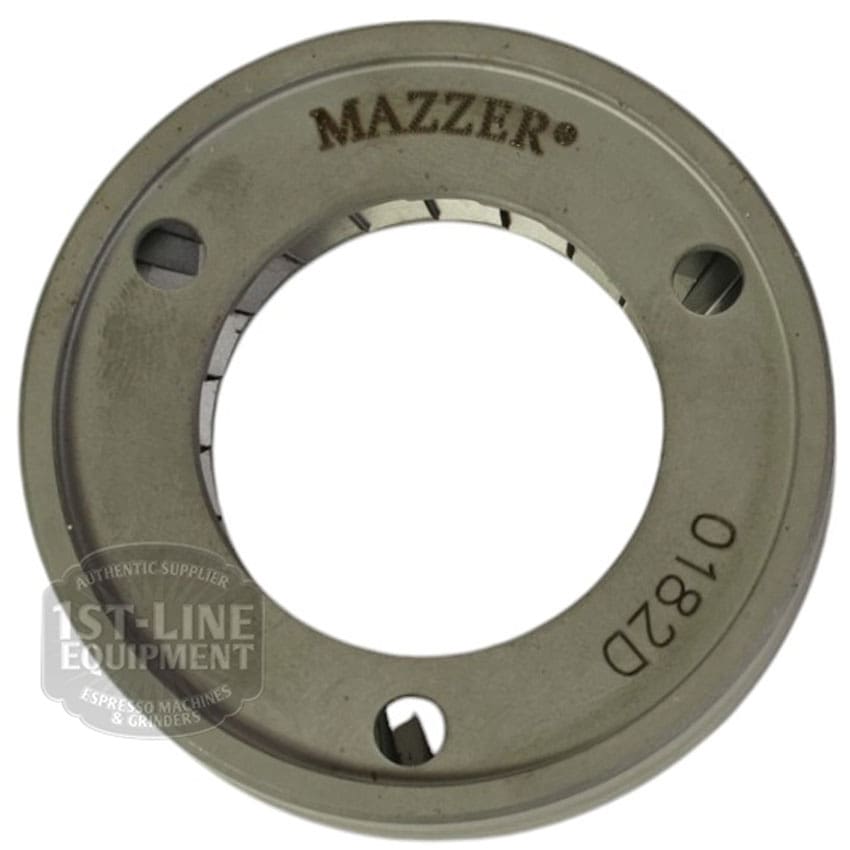 A set of 2 Mazzer FMA00182D/QQQ 1-phase 58mm flat grinding burrs, each metal burr with three screw holes and 0182D engraving, shown with the 1st-Line Equipment logo watermark in the images lower left corner. © 2025 1st-line.com