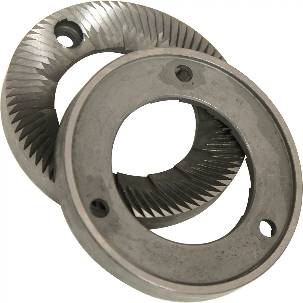 A set of two discontinued Ceado Grinder Burrs (83 mm) with sharp, angled teeth and round centers, designed for grinding coffee in E37S, E8, and E9 machines. © 2025 1st-line.com
