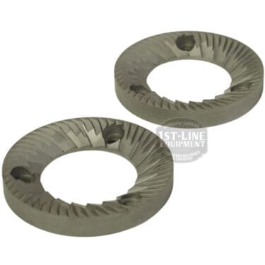 A set of two Mazzer FMA00182D/QQQ 1-phase 58mm flat grinding burrs with sharp spiral grooves and three mounting holes each, displayed side by side on a white background. © 2025 1st-line.com