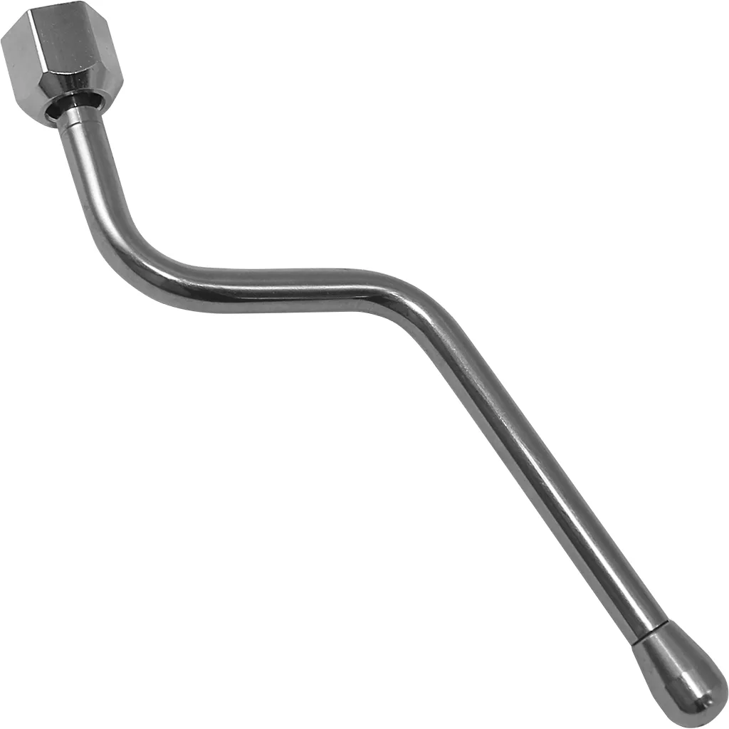 A shiny, bent L-shaped metal tire iron with a socket and rounded handle, isolated on white—featuring a finish like the DISCONTINUED Rocket Espresso R290003611 Steam Wand - non burn. © 2025 1st-line.com