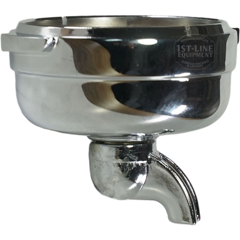 A shiny Bezzera 5965557 1 Cup Filter Holder for BZ07 / Crema, reflecting light, with the 1st-Line Equipment logo visible on the side. © 2025 1st-line.com