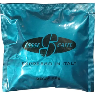 A shiny blue packet labeled Essse Caffe Decaf Espresso Coffee ESE Pods - 100/box indicates it contains a decaf espresso coffee pod compatible with ESE pods. © 2025 1st-line.com
