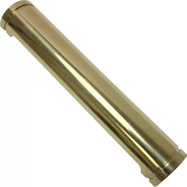 A shiny, cylindrical Elektra 00043019 Brass Water Level Glass Guard with a golden finish is shown angled against a white background, featuring slightly indented edges on both ends for durability. © 2025 1st-line.com