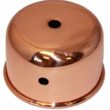 A shiny Elektra 00611019 Cover Copper for 3 Way Solenoid Valve - Elektra SemiAutomatica, featuring two circular holes (one on top, one on the side), displayed against a white background. © 2025 1st-line.com