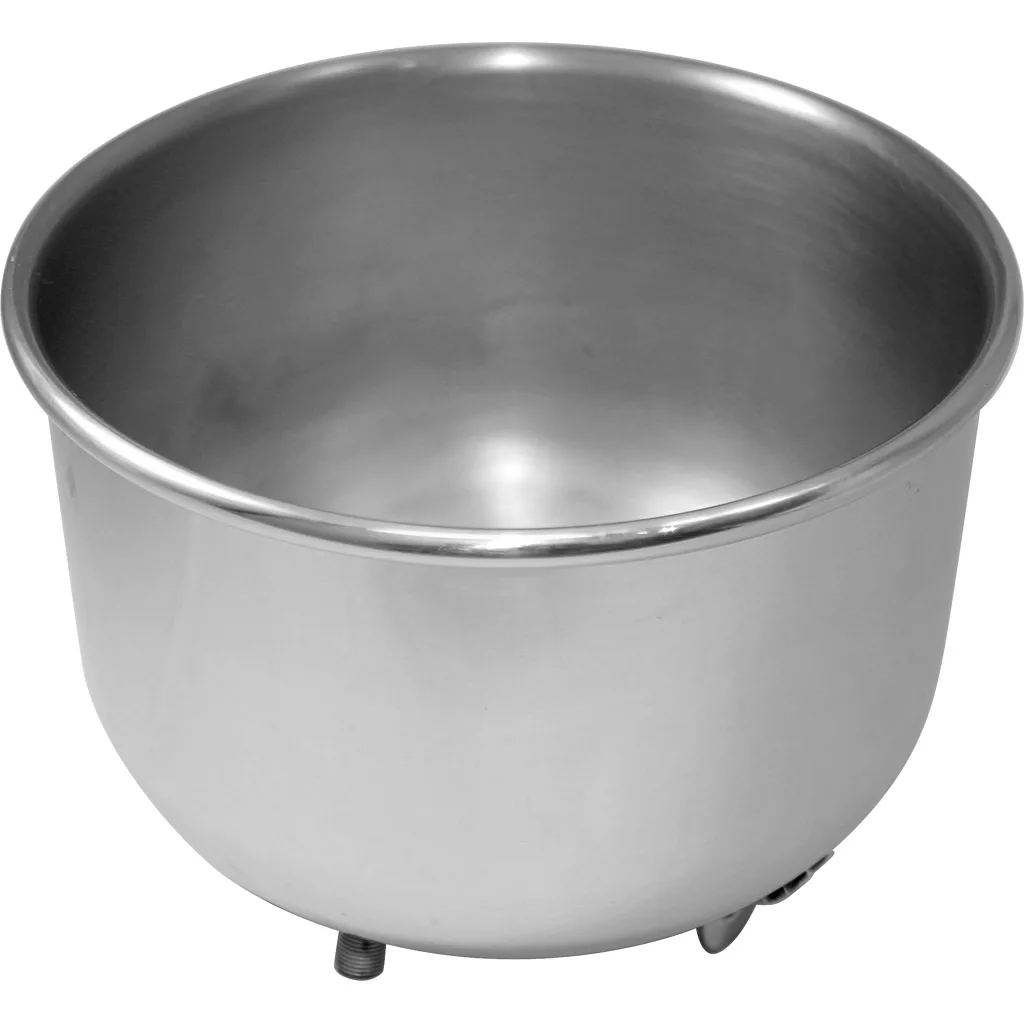 A shiny, empty stainless steel bowl with small metal feet, resembling the DISCONTINUED Elektra 00601021 Chrome Water Tank / Reservoir, sits against a plain white background. © 2025 1st-line.com