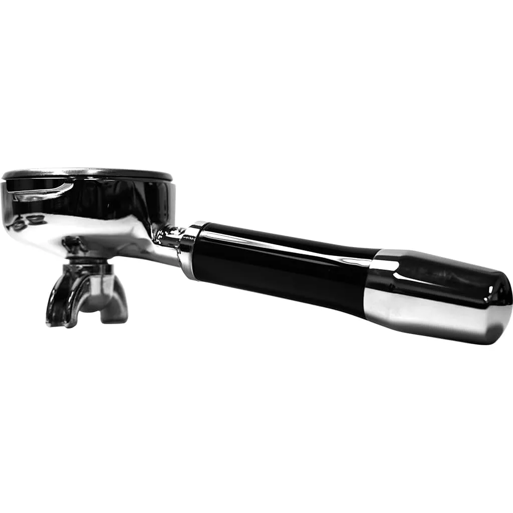 A shiny metal espresso portafilter with a black handle, made for the DISCONTINUED ECM Classika PID Espresso Machine, is displayed against a white background. © 2025 1st-line.com