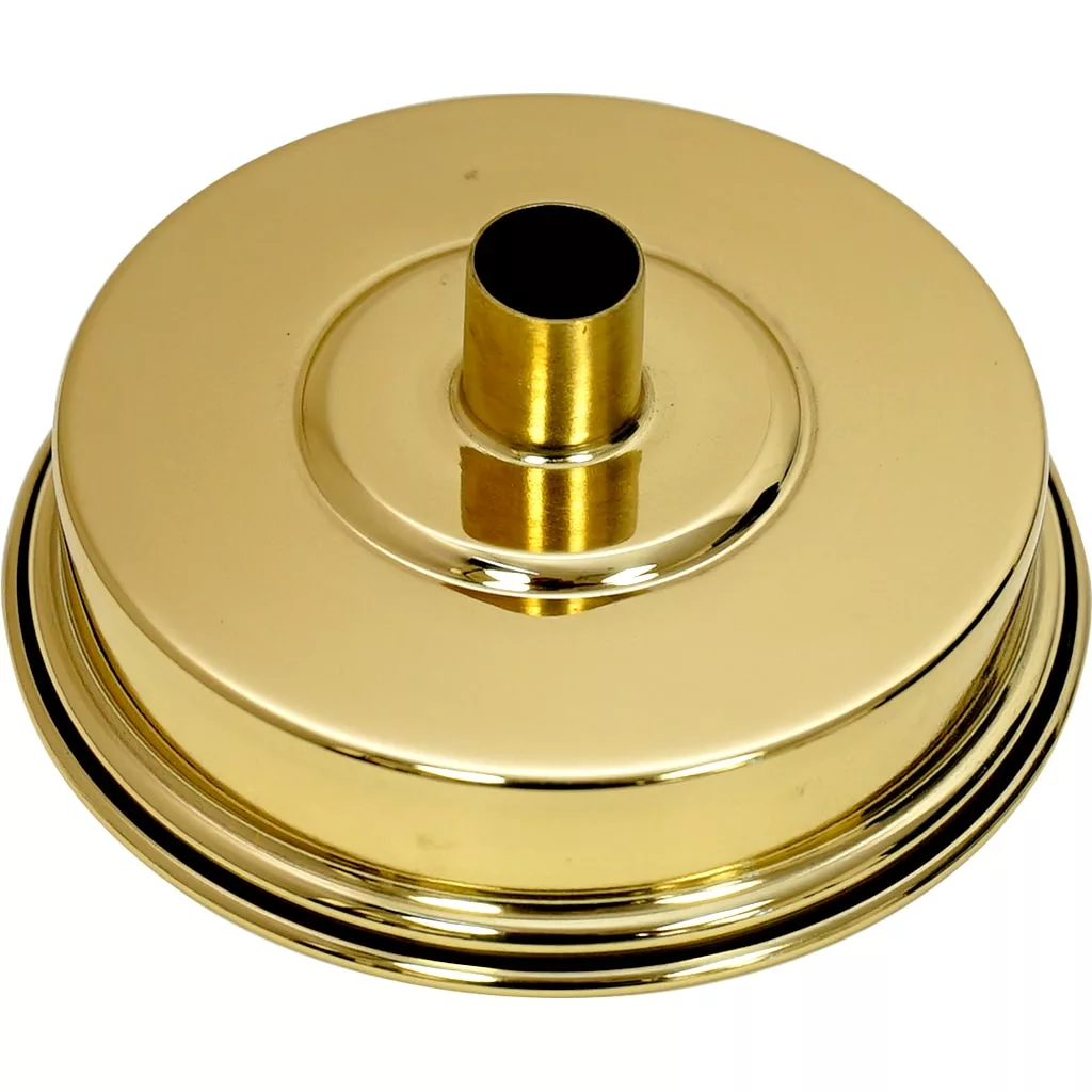 A shiny, round, brass-colored metal base with a central cylindrical holder, identified as the Elektra 00570096 Small Plate Support (BRASS) for Belle Epoque. © 2025 1st-line.com