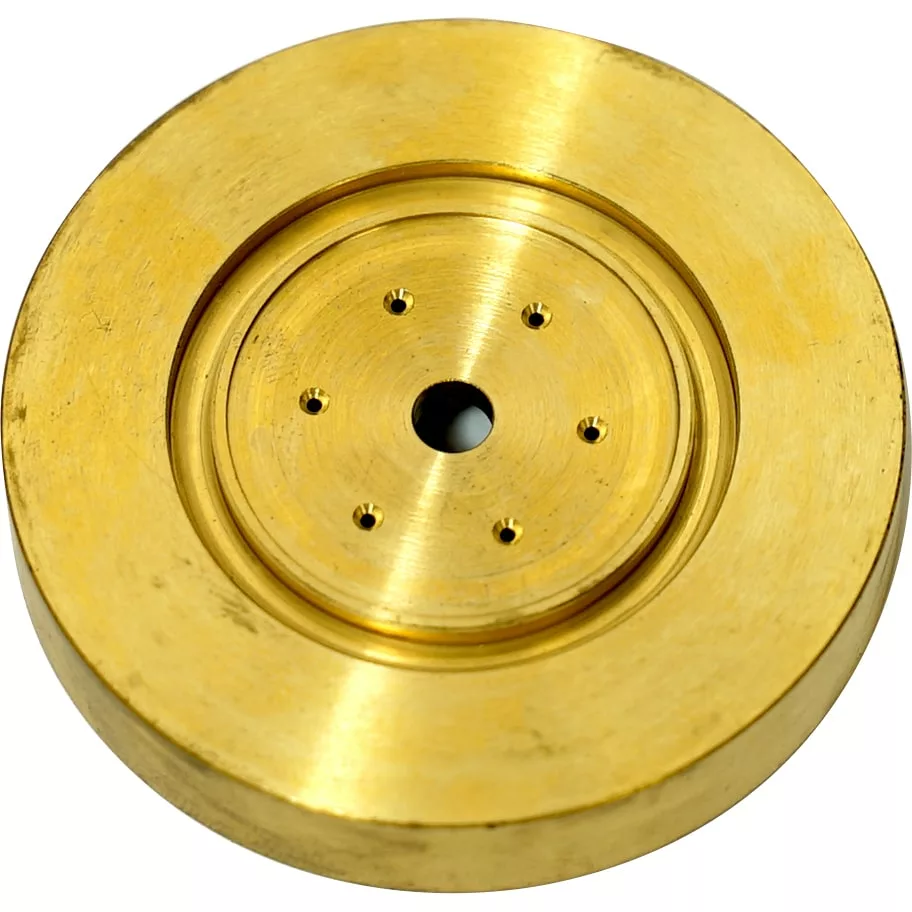 A shiny, round brass disk with a central hole and six smaller holes fits the Elektra 02367034 E.S.E. Single Pod Kit. © 2025 1st-line.com