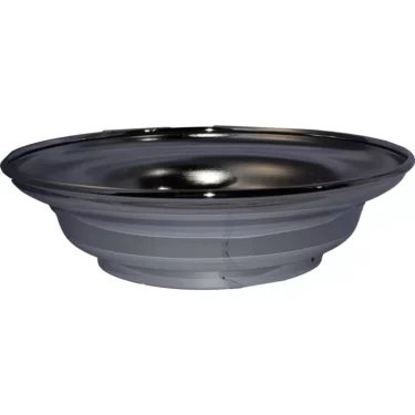 A shiny, round chrome Elektra 00649021 Base - Mini Verticale with a shallow profile and slightly raised rim, shown from the side against a white background. © 2025 1st-line.com