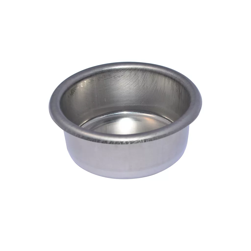 A shiny, round stainless steel DISCONTINUED - La Spaziale Blind Filter Basket - 53mm with a wide rim is displayed on a plain white background. © 2025 1st-line.com