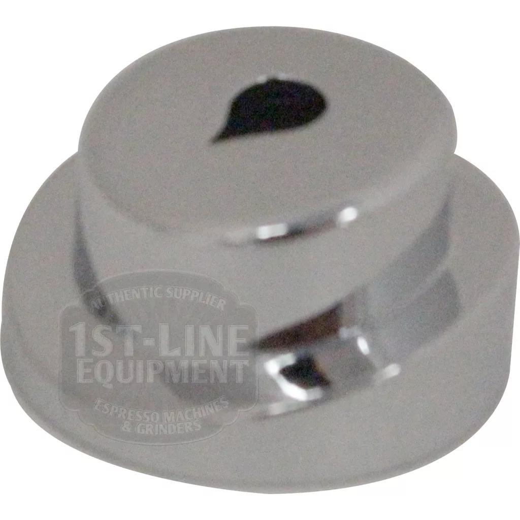 A shiny, silver Ascaso I.2529 Water Push Button knob with a black teardrop-shaped marker on top, placed against a white background. © 2025 1st-line.com