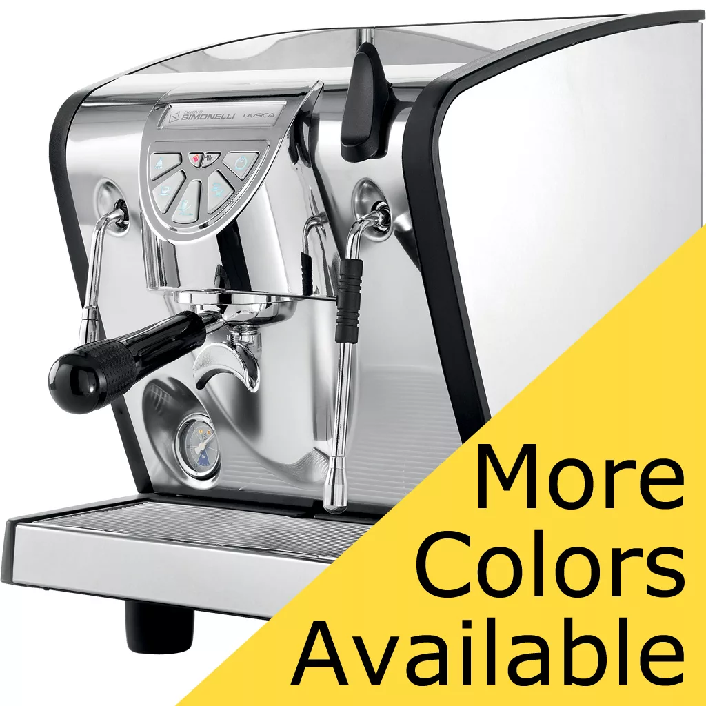 A shiny, stainless steel DISCONTINUED Nuova Simonelli Musica Tank HX Espresso Machine with black accents is displayed on a white background. A yellow banner across the corner says “More Colors Available” in bold black text. © 2025 1st-line.com