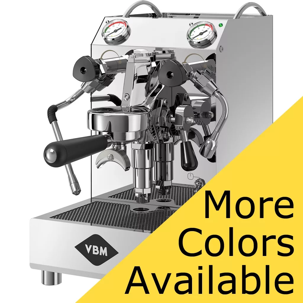 A shiny stainless steel DISCONTINUED - VBM Domobar Junior HX Espresso Machine with gauges and handles is shown. The VBM logo is on the front panel, and a yellow banner at the bottom right says More Colors Available. © 2025 1st-line.com