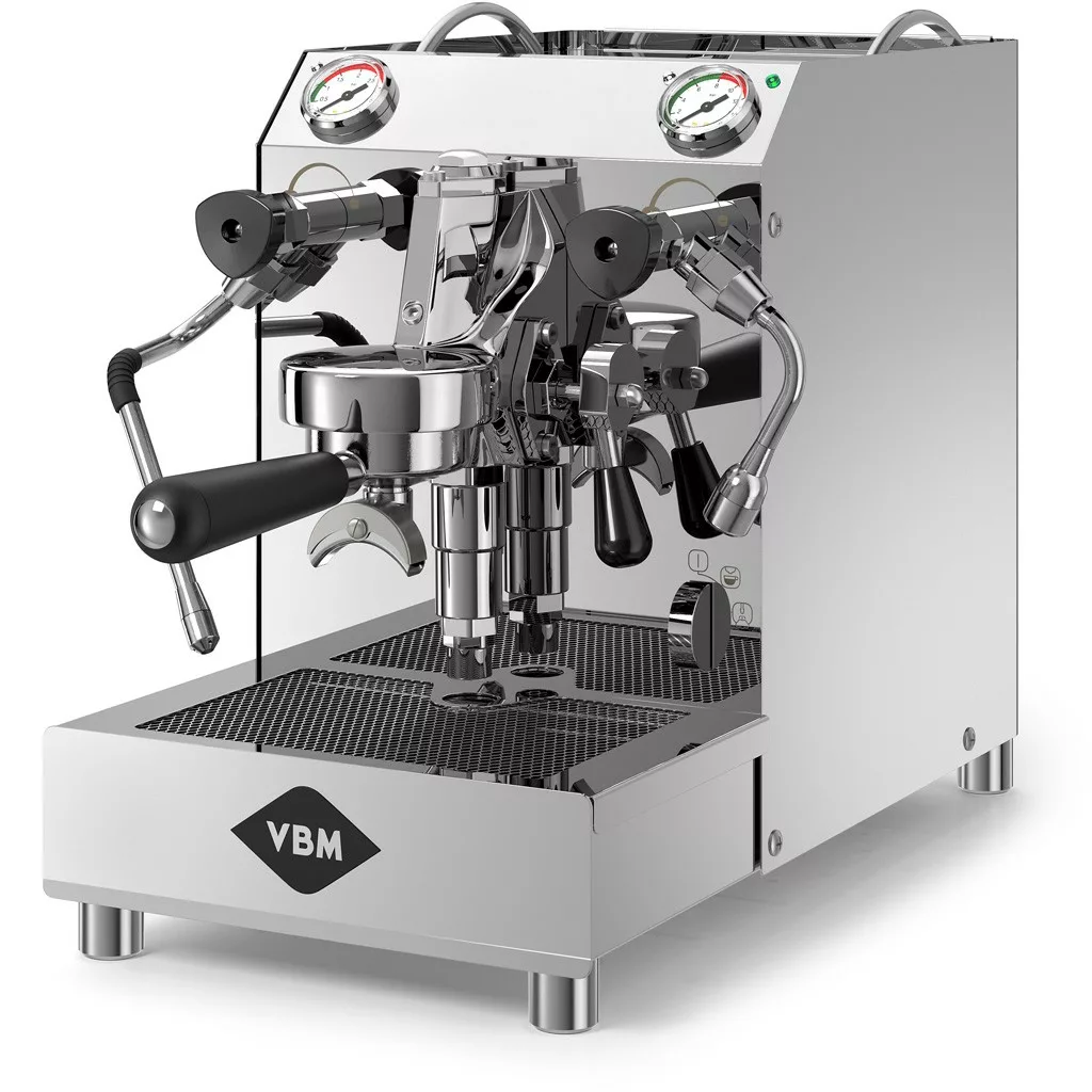 A shiny stainless steel DISCONTINUED VBM Domobar Super Vibration Pump HX Espresso Machine - Tank with dual gauges, two portafilters, steam and hot water wands, vibration pump, and the VBM logo on the front panel. © 2025 1st-line.com