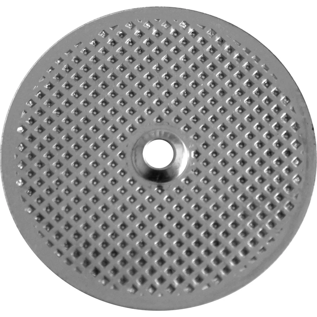 A shiny, textured round metal disk—the Nemox KCF002 Shower / Dispersion Screen—features a central hole and a grid of small raised bumps, as seen from above. © 2025 1st-line.com