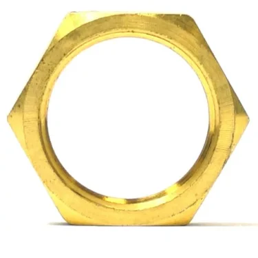 A side view close-up of an Elektra 01290014 3/8 Brass Grouphead Lock Nut with a hollow center, standing upright on a white background. © 2025 1st-line.com