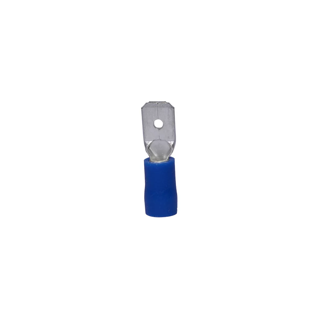 A single Ascaso V.1497 6.3mm Male Protected Terminal, blue with a metal blade and central circular hole for electrical wiring, is centered on a white background. © 2025 1st-line.com