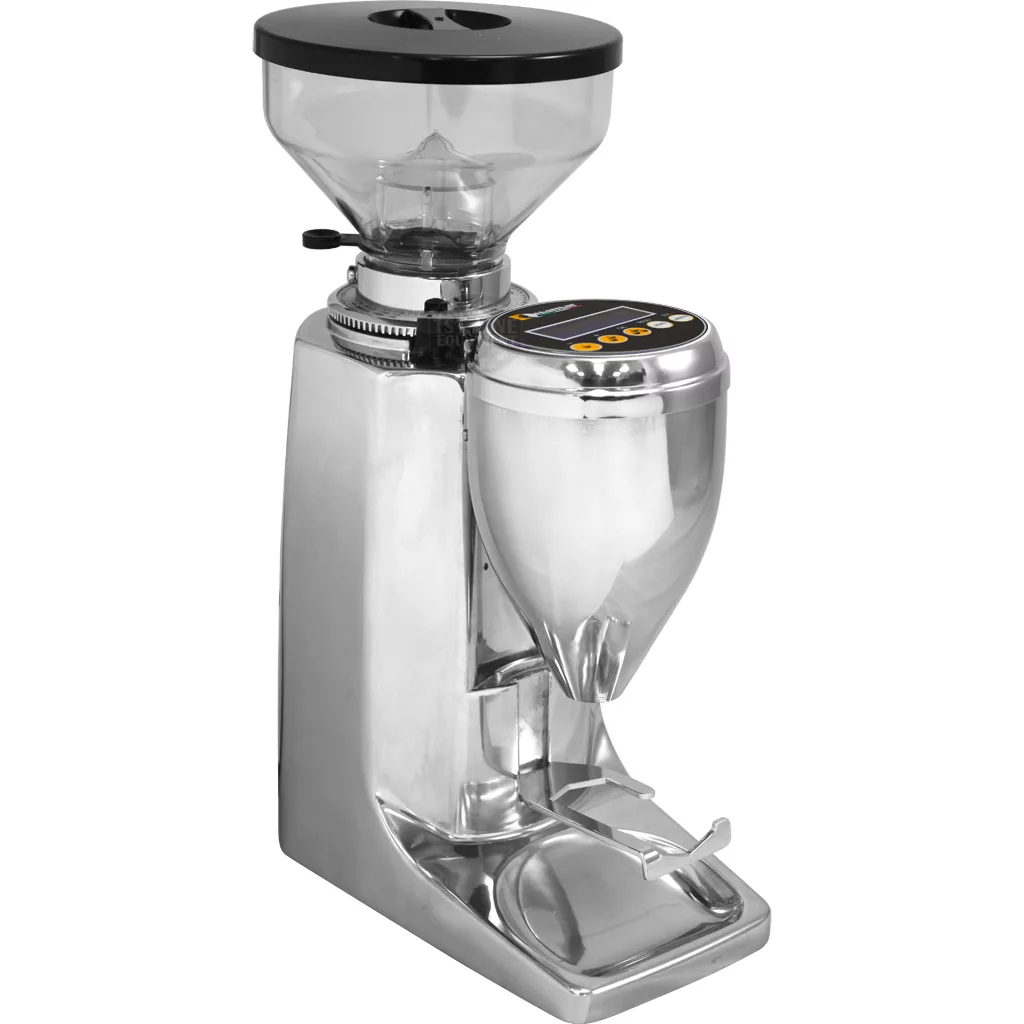 A sleek silver DISCONTINUED Quamar M80E V2 On Demand Espresso Coffee Grinder with a transparent bean hopper, black lid, digital control panel, and convenient chute for dispensing freshly ground coffee. © 2025 1st-line.com