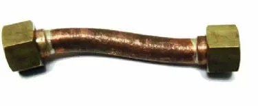 A slightly bent Elektra 02127011 Pipe, made of copper with brass hexagonal fittings on both ends, shown on a white background. © 2025 1st-line.com