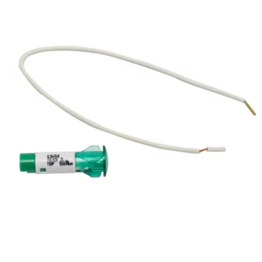 A small ACS ONE0041 Green Light/Bulb - Ventus with a clear lens and two white wires, one ending in exposed copper, is shown against a plain white background. © 2025 1st-line.com