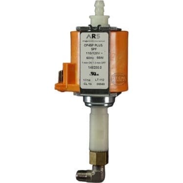 A solenoid valve with an orange coil labeled “ARS CP4SP Plus SPF 110/120V 60Hz 25W,” white plastic top, and right-angle outlet, compatible with Ascaso PM.153 Pump - 120V for Steel professional models. © 2025 1st-line.com