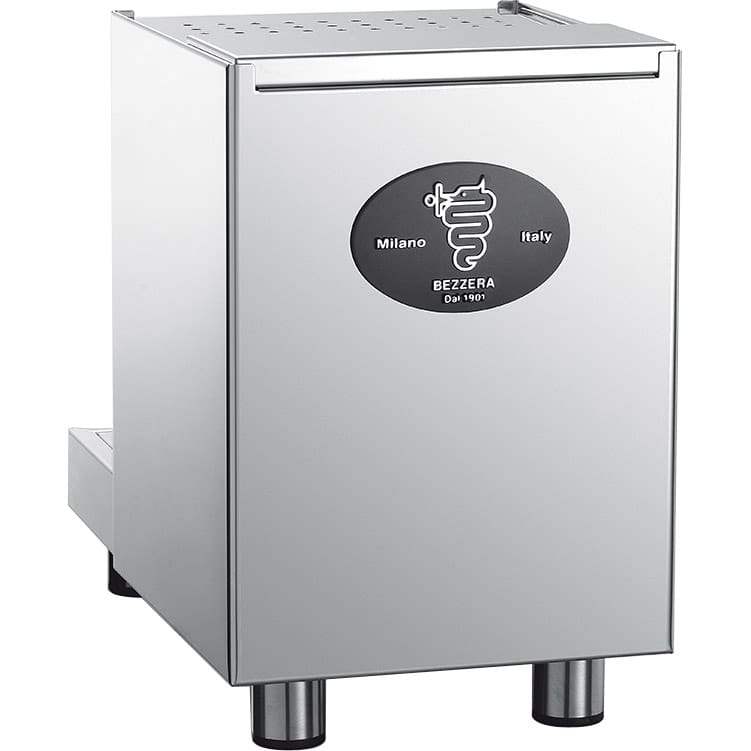 A stainless steel knock box drawer with a flat top and four round legs, featuring a black and silver Milano, Italy, Bezzera Dal 1901 logo on the front—ideal for pairing with your Bezzera Unica Espresso Machine. © 2025 1st-line.com