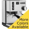 A stainless steel Rancilio Silvia M Espresso Machine with front buttons. A yellow banner in the bottom right corner says, More Colors Available. © 2025 1st-line.com
