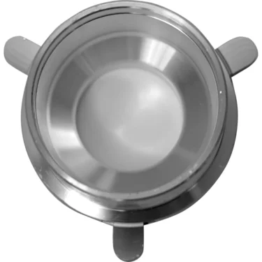 A top-down view of a stainless steel portafilter basket with three tabs resembles the Mazzer SSJ0FHA02 Upper Burr Holder, which secures burrs in place inside Mazzer espresso machines. © 2025 1st-line.com